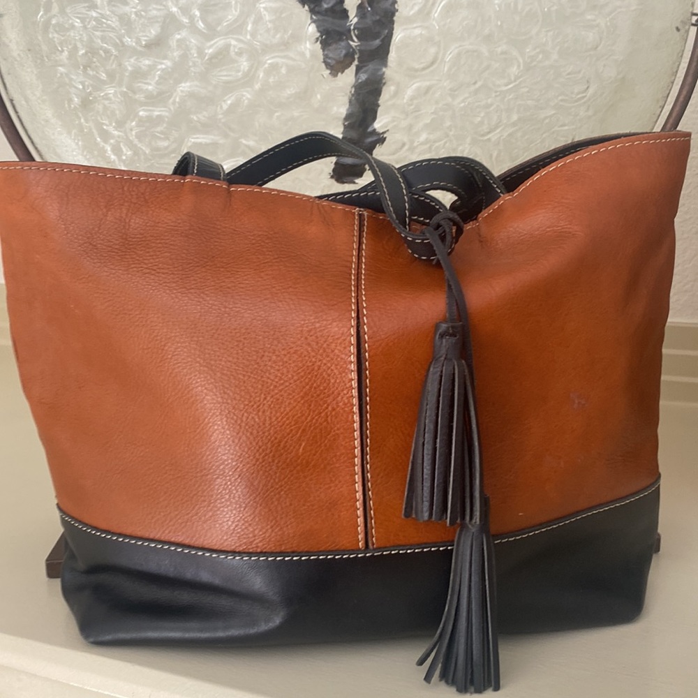 Elegant Brown and Black Leather Tote Bag